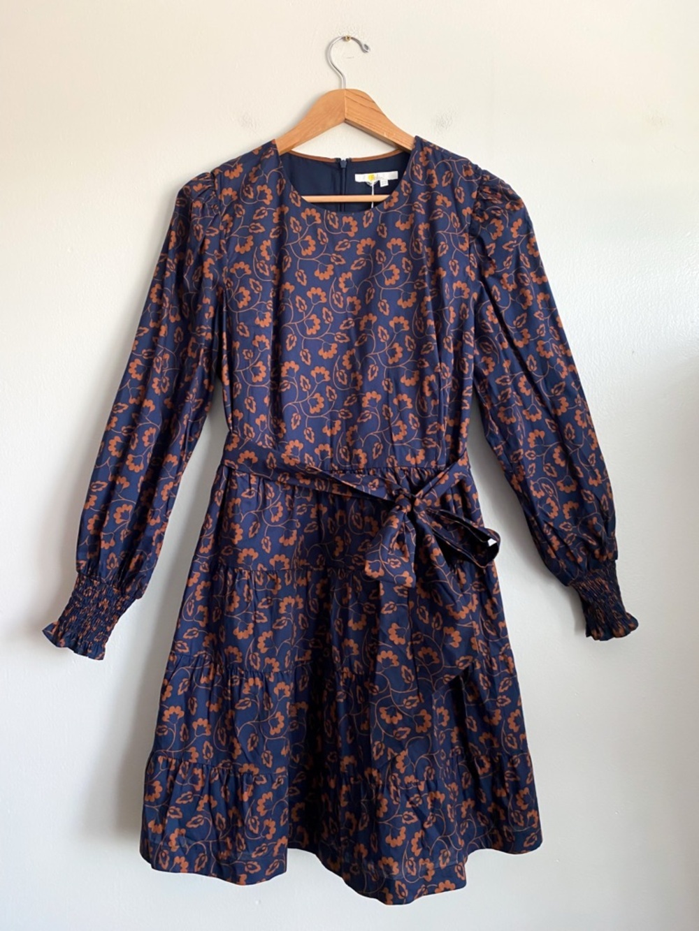 Boden Navy Brown Long Puff Sleeves Tiered Dress Smocked Floral Leaves Cotton 12R - Picture 7 of 12